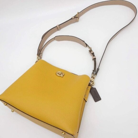 COACH NEW Willow Shoulder Bag Color block C2580 Mustard Yellow Beige Leather - Picture 2 of 6